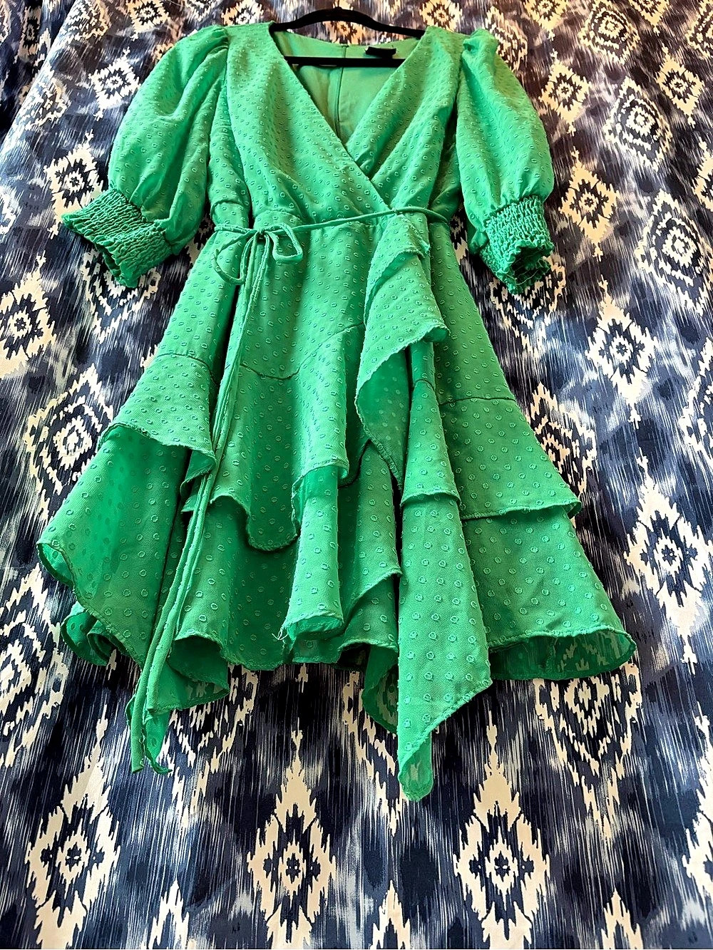 Maison Tara-Green Tiered Puff Sleeve Mini Dress